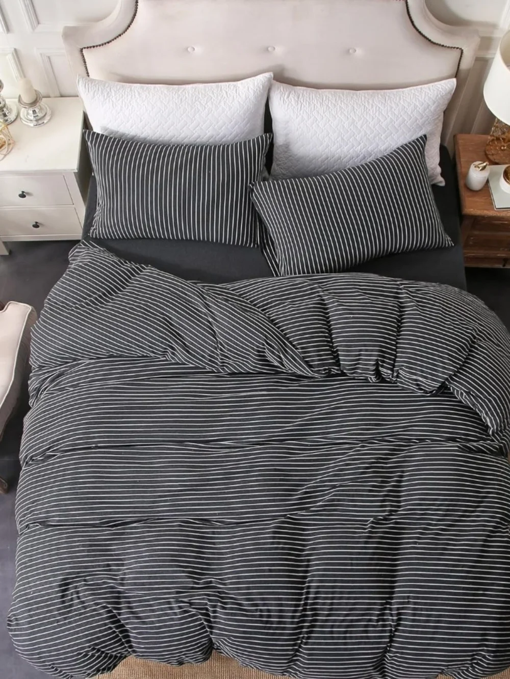 Jersey Knit Duvet Cover Black & White Pinstripe Queen NIB